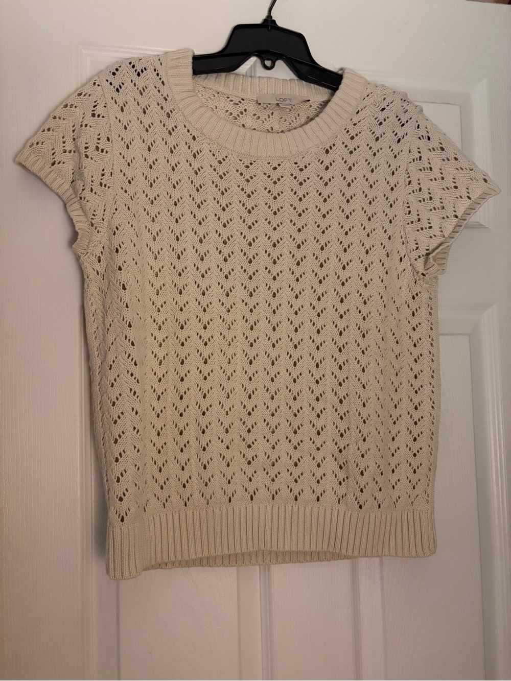 LOFT Cream Open-Weave Short Sleeve Sweater